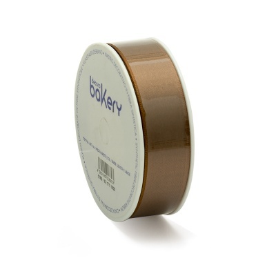 Rolo de fita decorativa castanha com etiqueta branca e texto 'bakery'