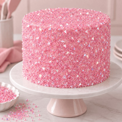Bolo redondo com decoração de pérolas cor-de-rosa brilhantes