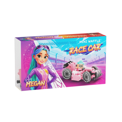 Caixa de brinquedo de construção MINI WAFFLE RACE CAR com carrinho rosa e personagem feminina desenhada