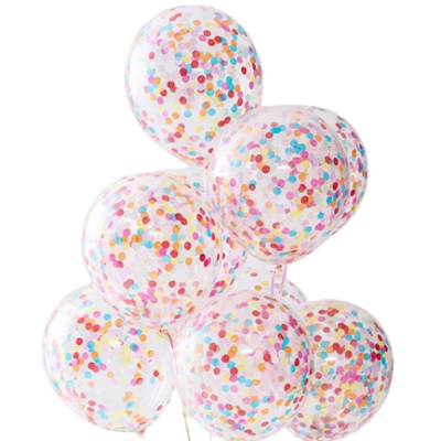 Seis balões transparentes com confetes coloridos dentro