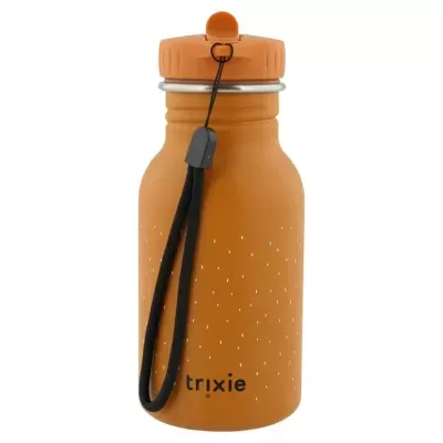 Garrafa laranja com tampa, cordão preto, padrão de pontos brancos e texto trixie