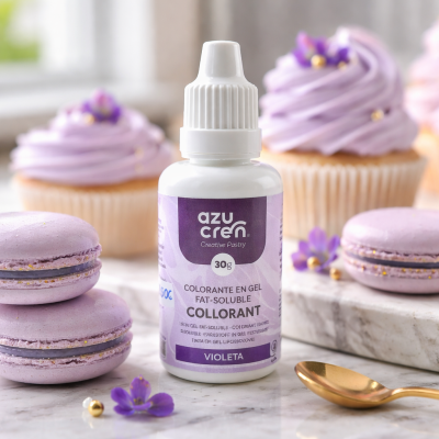 Frasco de colorante em gel violeta com macarons e cupcakes decorados em violeta num fundo de mármore