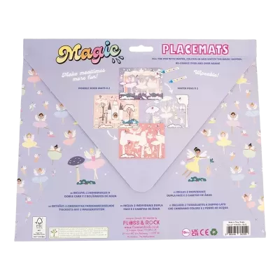 Embalagem lilás triangular de placemats Magic com ilustrações de bailarinas e fadas
