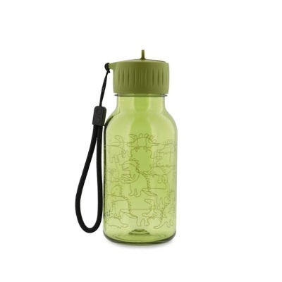 Garrafa plástica verde com desenho de dinossauros e tampa verde com alça preta