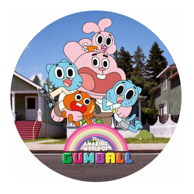 Personagens animados do desenho The Amazing World of Gumball em imagem circular com texto colorido