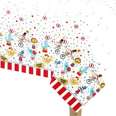 Toalha de mesa com padrão de circo colorido e borda vermelha e branca
