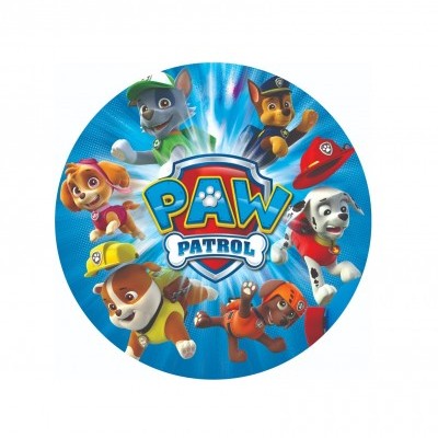 Placa redonda azul com personagens da Patrulha Pata e texto PAW PATROL