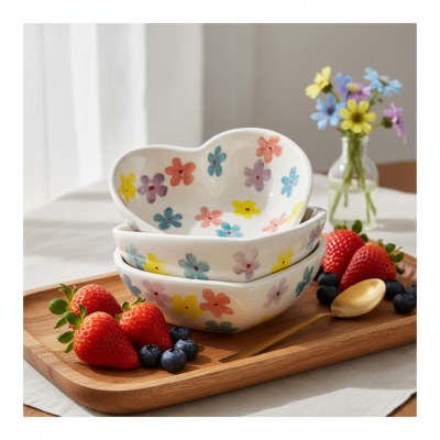 Conjunto de três taças cerâmicas florais com morangos, mirtilos e colher dourada numa tábua de madeira
