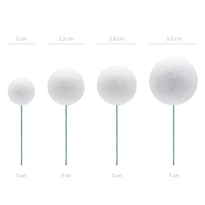 Bolas de esferovite brancas em varetas verdes de vários tamanhos
