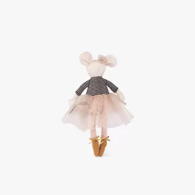 Boneca de tecido em forma de rato com vestido de tule cor de rosa pálido e camisa às riscas