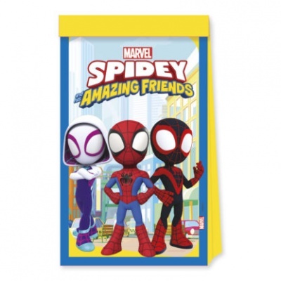 Saco de presente com personagens Spidey e texto Marvel Spidey Amazing Friends