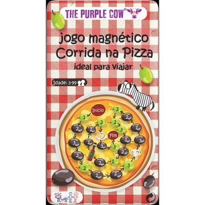 Jogo magnético Corrida na Pizza com peças magnéticas numeradas e figuras de pizza, azeitonas e zebra