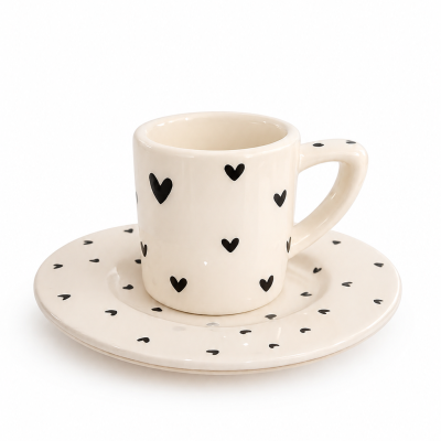 Conjunto de chávena e prato creme com corações pretos