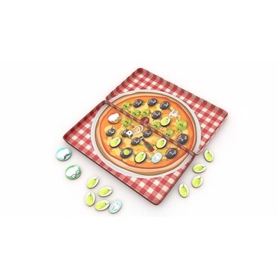 Jogo de pizza de madeira com fatias e peças coloridas sobre tabuleiro xadrez vermelho e branco