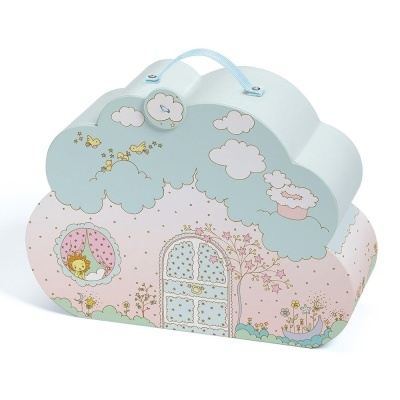 Caixa decorativa em forma de nuvem com ilustrações infantis em tons pastel