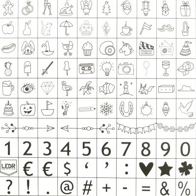 Grelha com 81 ícones variados e uma linha com números e símbolos