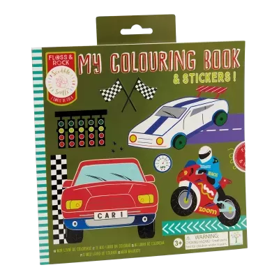 Capa de livro de colorir com temas de corridas, carros e mota em fundo verde