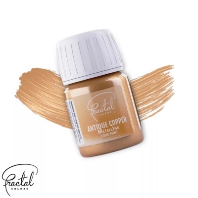 Frasco pequeno de tinta metálica cobre antigo com tampa branca e pincelada da mesma cor