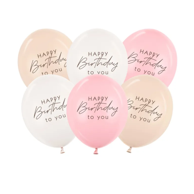Balões de aniversário bege, branco e rosa com texto preto