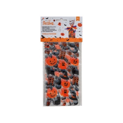 Pacote de 20 saquetas para guloseimas Halloween com abóboras, fantasmas e morcegos laranja e preto