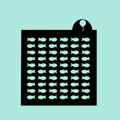 Tapete preto com recortes em forma de peixes e um balão, fundo azul claro