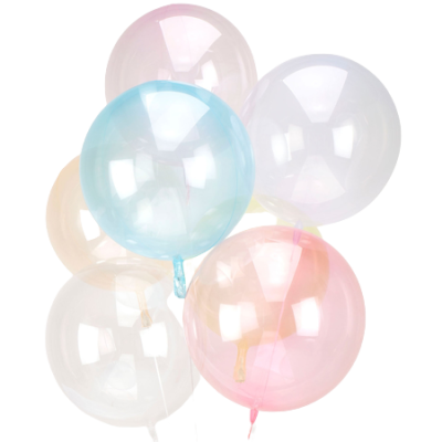 Balões transparentes tons pastel azul, rosa, branco e bege
