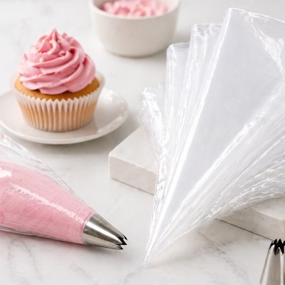 Sacos de pasteleiro transparentes e bicos metálicos com creme rosa e cupcake