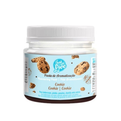 Frasco de pasta de aromatização sabor cookie com rótulo azul e bolachas desenhadas