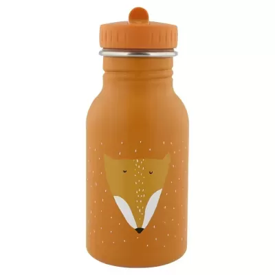 Garrafa de água laranja com desenho de raposa e tampa de rosca