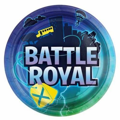 Prato de papel azul e verde com texto BATTLE ROYAL