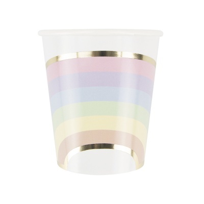 Copo descartável branco com faixas coloridas em tons pastel e detalhes dourados