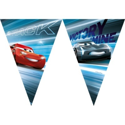 Bandeirolas triangulares com carros animados vermelhos e cinzentos e textos em inglês
