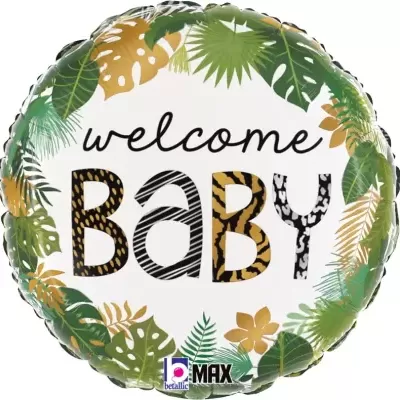Balão redondo branco com folhas verdes e texto welcome BABY em padrões animal print