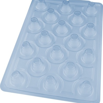 Forma transparente azulada com 20 cavidades cónicas para moldar bolos