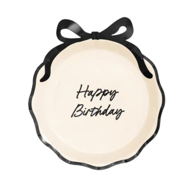 Prato de papel com texto 'Happy Birthday' e laço preto decorativo