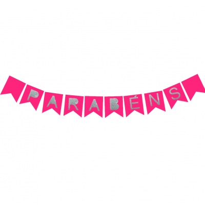 bandeirolas rosa com letras prateadas 'PARABÉNS'