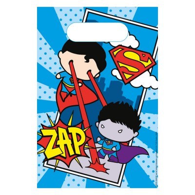 Ilustração de personagens estilo desenho com capa e símbolo do Superman em fundo azul