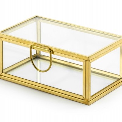 Caixa de exposição retangular dourada com vidro transparente