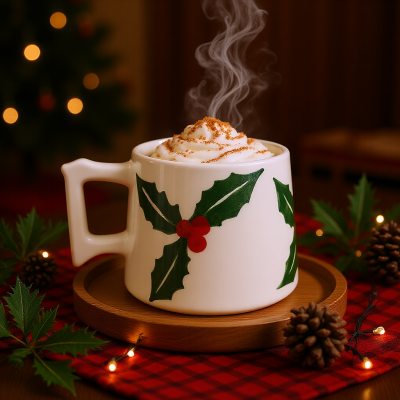 Caneca branca com folhas de azevinho e bagas vermelhas, bebida quente com chantilly e canela, sobre prato de madeira com decoração natalícia.