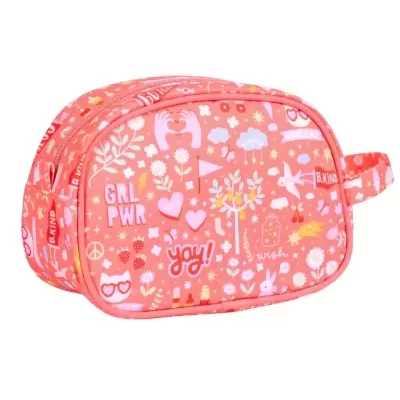 Bolsa cor-de-rosa com padrões de flores, corações e texto GRL PWR, yay!, B.KIND, wish.