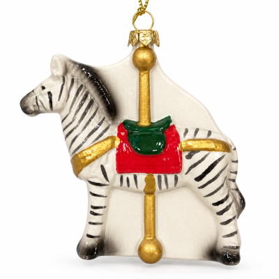 Enfeite de porcelana zebra de carrossel com sela verde e vermelha e detalhes dourados