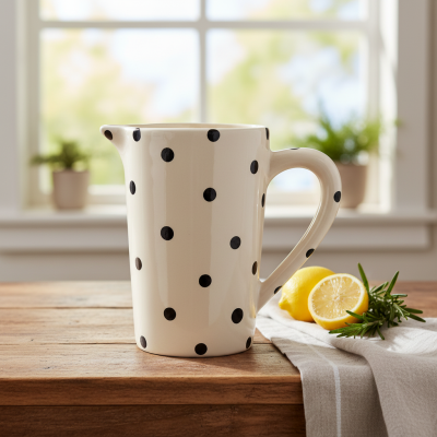 Jarro de cerâmica branco com bolinhas pretas, limão cortado e pano cinzento numa mesa de madeira.