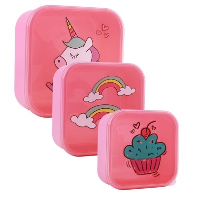 Caixas rosa de plástico com desenhos de unicórnio, arco-íris e cupcake