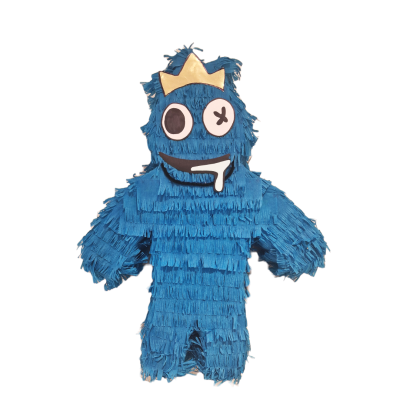 Piñata azul com franjas de papel, olhos grandes, boca aberta, dente saliente e coroa amarela