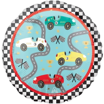 Balão redondo com carros de corrida coloridos e fundo azul