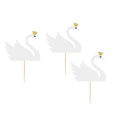 Decorações de cisne branco com coroa dourada em palitos de madeira