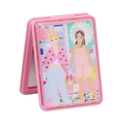 Espelho de maquilhagem rosa com desenho frontal de duas raparigas em pijamas