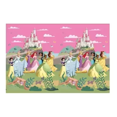 Ilustração de princesas diante de castelo e céu rosa