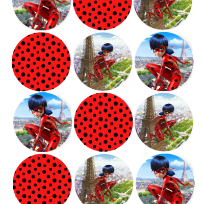 Círculos com padrão vermelho e preto e imagens da personagem Ladybug com a Torre Eiffel ao fundo.