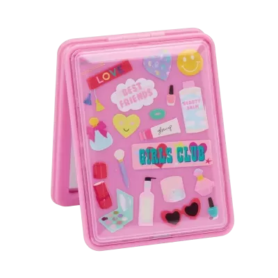 Espelho compacto rosa com decoração colorida e textos